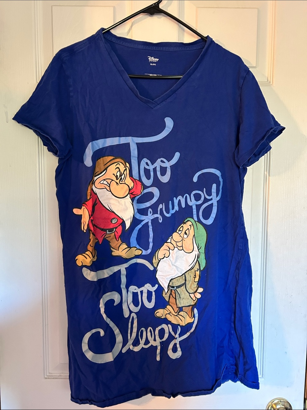 Disney Blue V-Neck Tee with Snow White Dwarf Graphics
